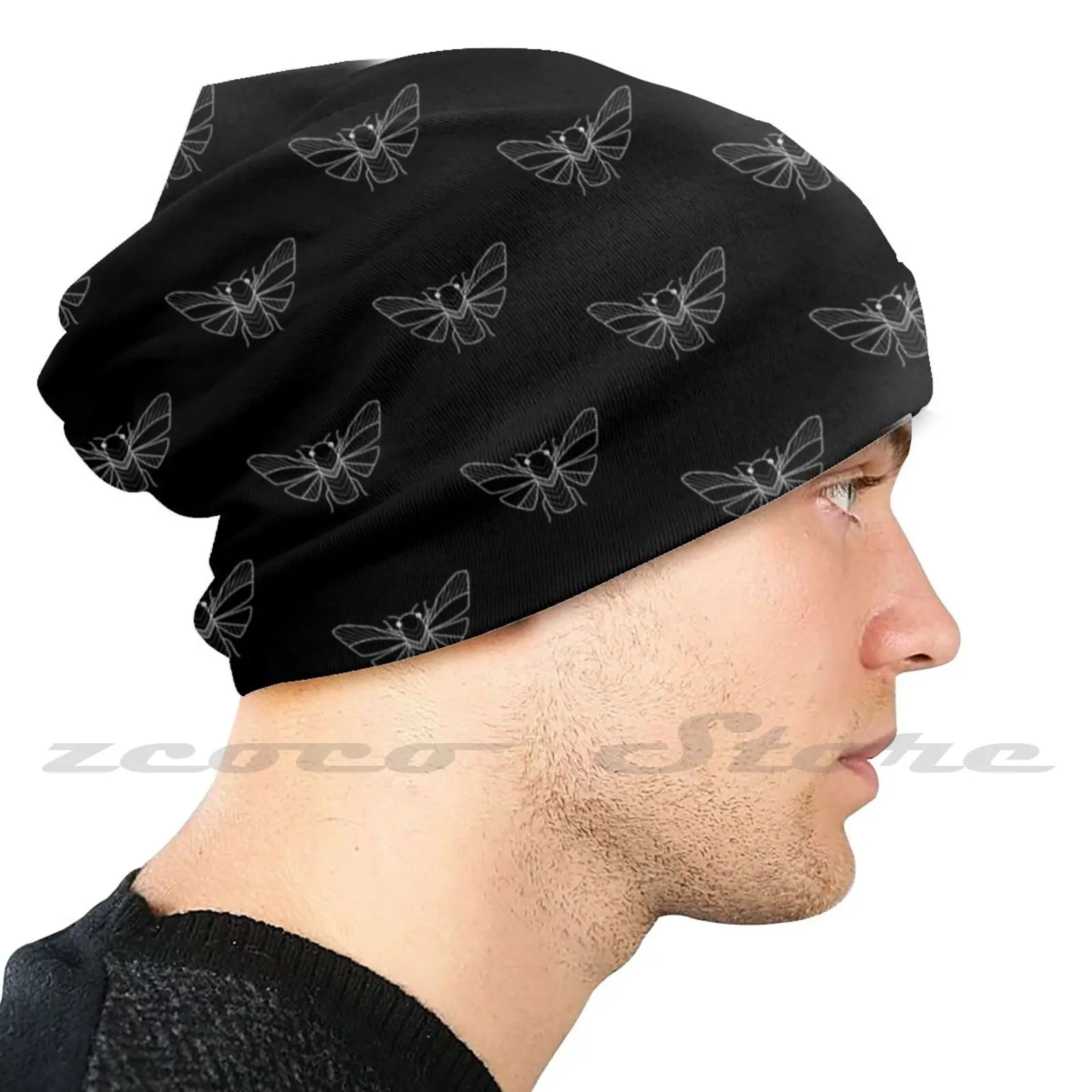 Periodical Cicada ( White On Black ) Knit Hat Hedging Cap Soft Elasticity Outdoor Sports Leisure Cicada Bug Insect Line Art B W