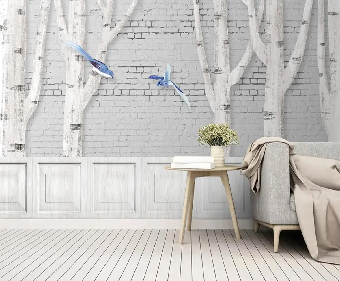 

Custom Wallpaper Birds Woods TV Background Wall Painting Home Decor Birch Tree Brick Wall Painting Living Bedroom 3d wallpaper