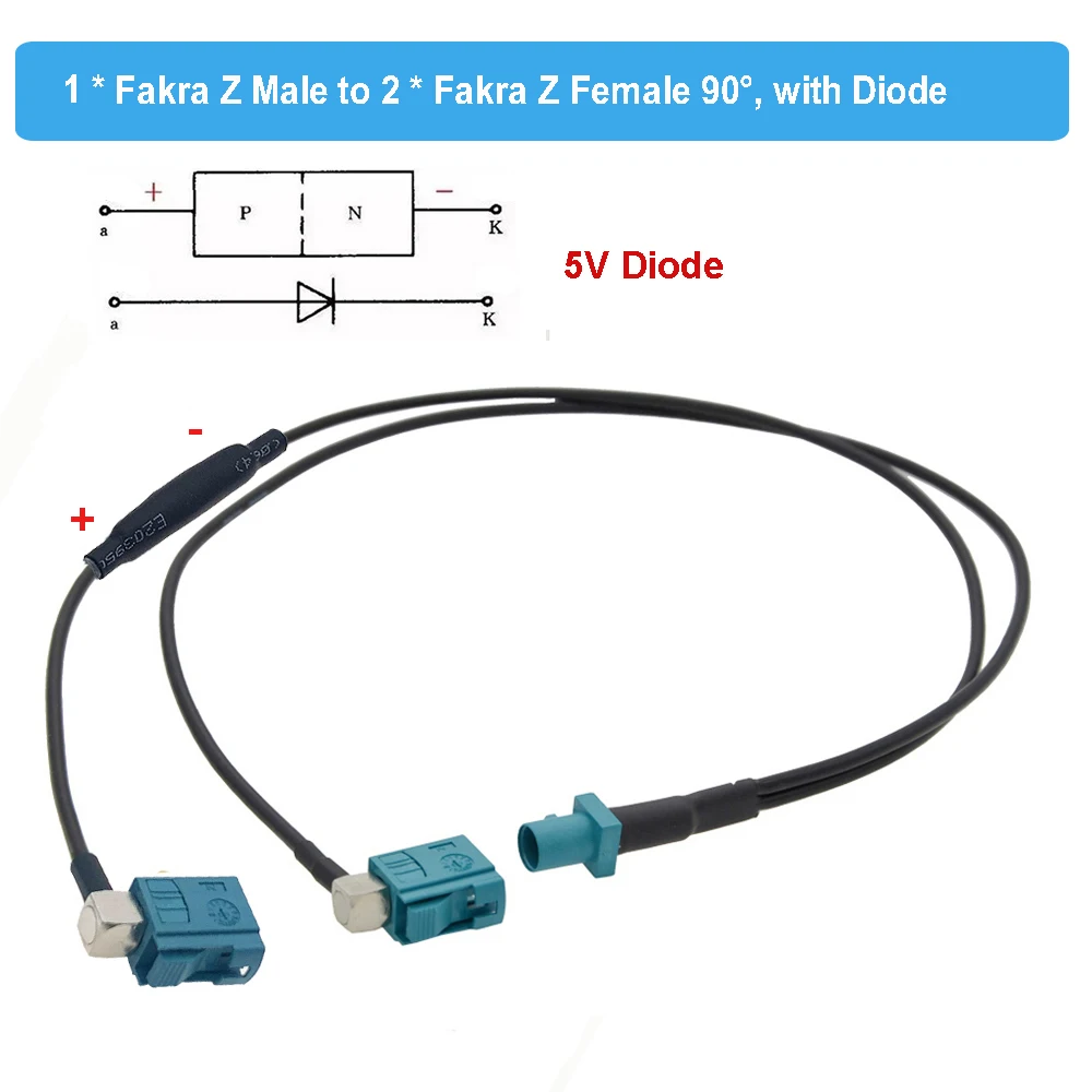 

BEVOTOP Fakra Z Male to Dual Fakra Z Female Right Angle Y Type Splitter Cable With Diode RG174 Pigtail GPS Antenna ExtensionCord