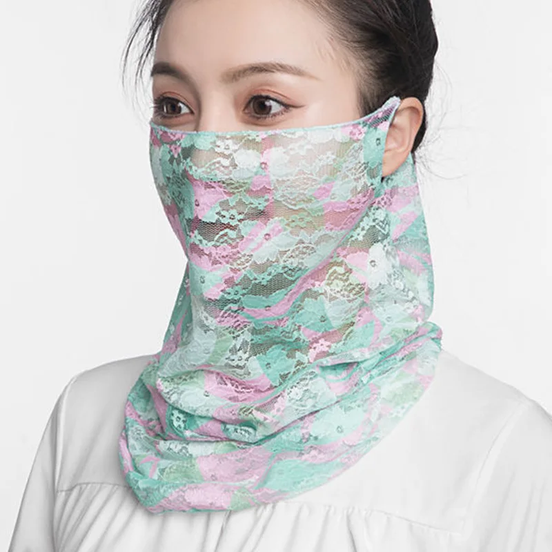 Female Ice Silk Floral Fake Collar Neck Guard Scarf Summer Sunscreen Sunshade Snood Hollow Lace Print Multifunction Shawl P46