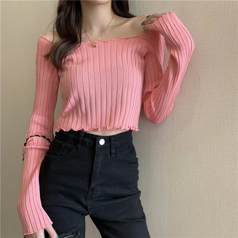 Autumn Slim Pullovers Sweaters Women knitted Full Sleeve Slash Neck Off-the-Shoulder Chic Pullover Sweater Female Real Photos