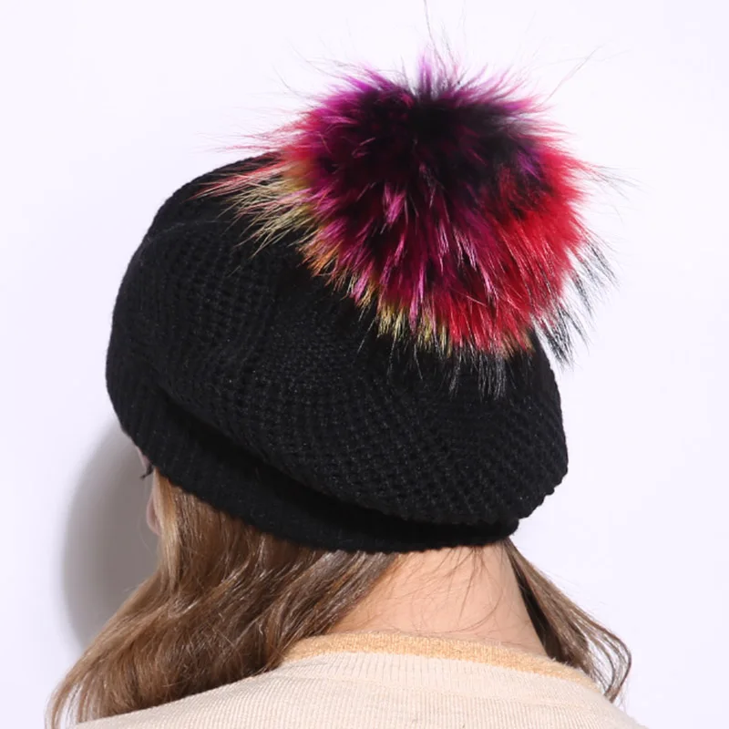 

Women Wool Black Knit Beret Hats With Colorful Real Fur pompom New Casual Winter Fur Ball Beaneis Hats For Ladies Girls Gorros