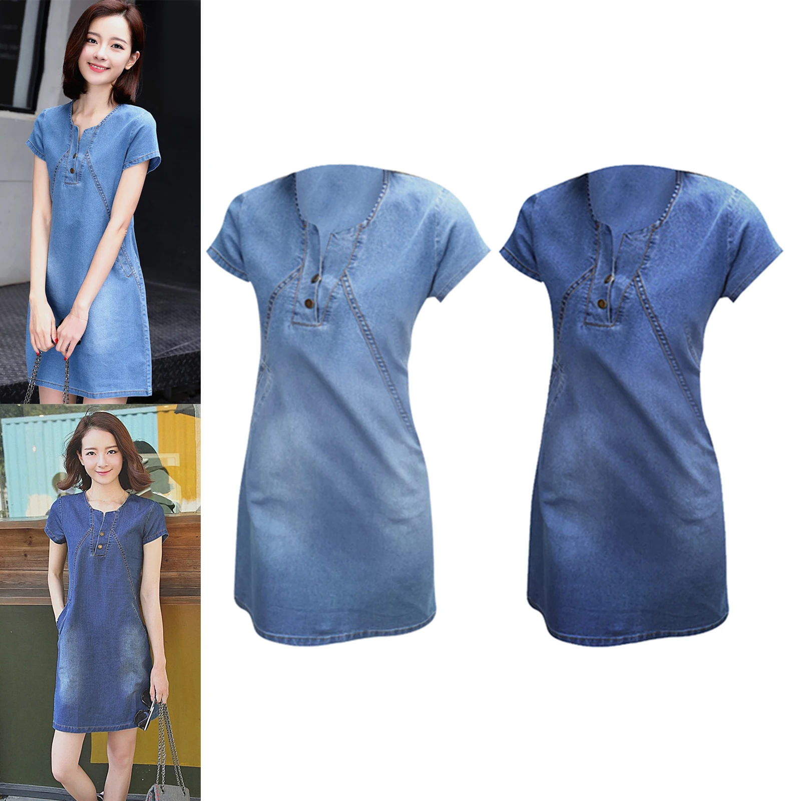 Jeans Dress V-neck Solid Denim Dresses Spring Summer Women Denim Sundresses Short Sleeves Slim Fit Dresses Clothing