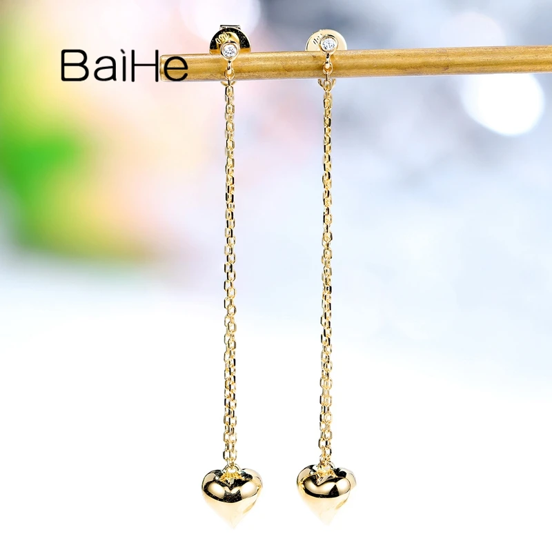 

BAIHE Solid 18K Yellow Gold H/SI Natural Diamond Heart Long Stud Earrings Women Fine Jewelry Making Brincos de coração compridos