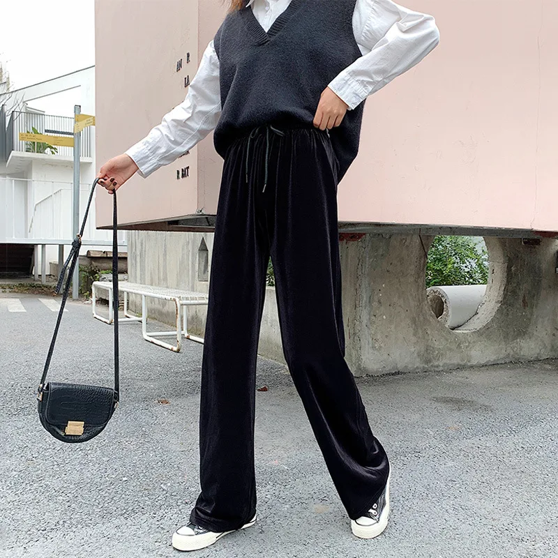 

Golden Velvet Wide Leg Pants for Women's Spring and Autumn High Waisted Loose Straight Leg Sports Casual Pants