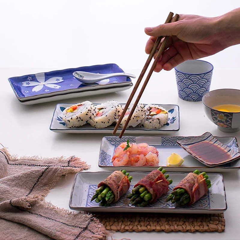 9.7 Inch Japanese Sushi Plate Ceramic Dinner Serving Plate Flower Fruit Dessert Tray Rectangle Dinner Dishes Microwave Safe