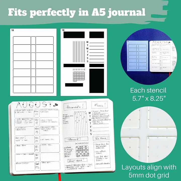 6pcs Weekly Journal Stencil set for A5 Bullet Journal Notebook,Diary,Scrapbooking