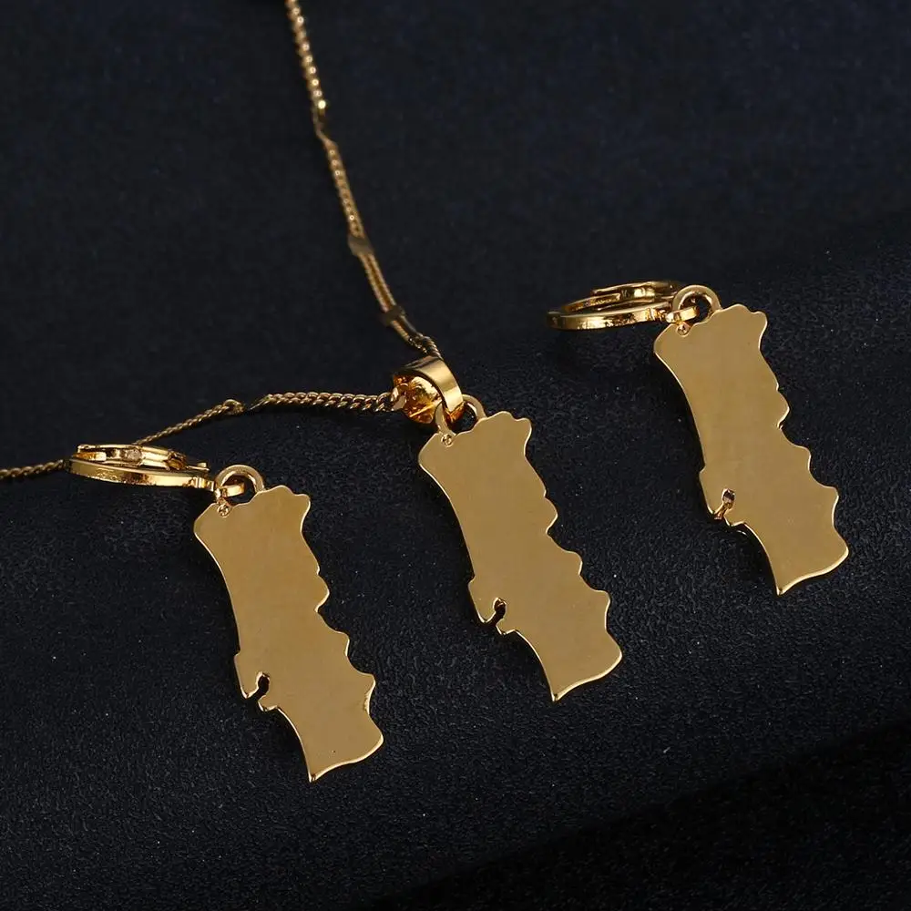 Gold Color Portugal Map Pendant Necklace Earring Jewelry Portuguese Map Charm Jewelry Sets Gift view 3