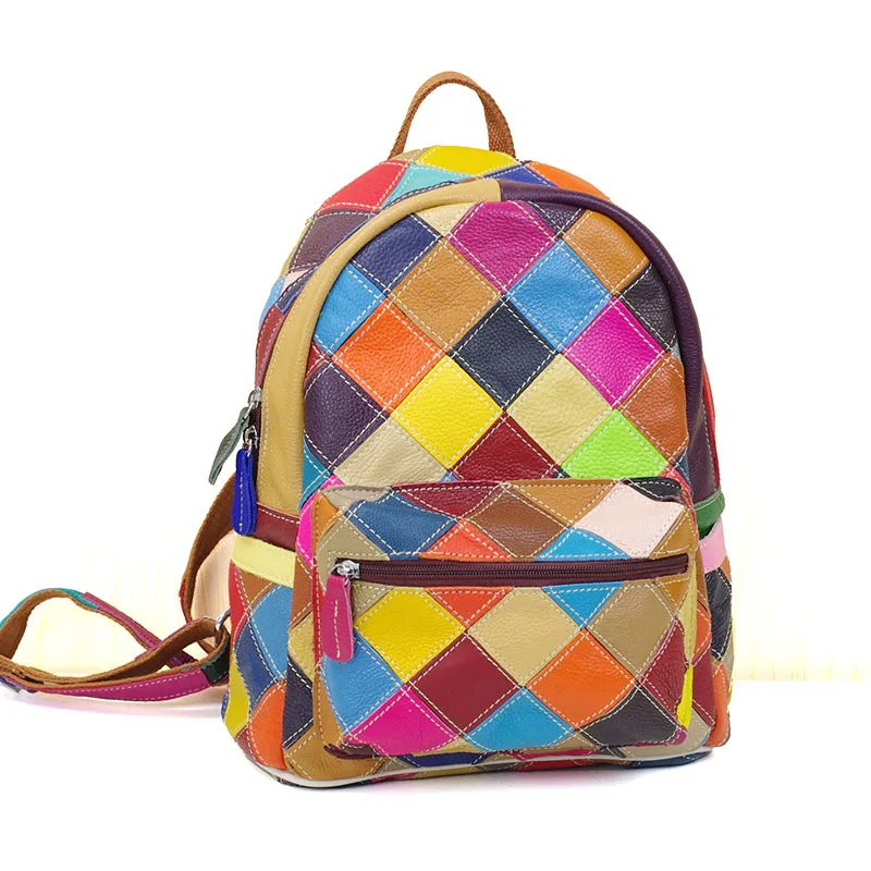 Mochila de patchwork de couro genuíno para mulheres, mochila de viagem casual para estudantes universitários, colorida e geométrica, nova moda, 665