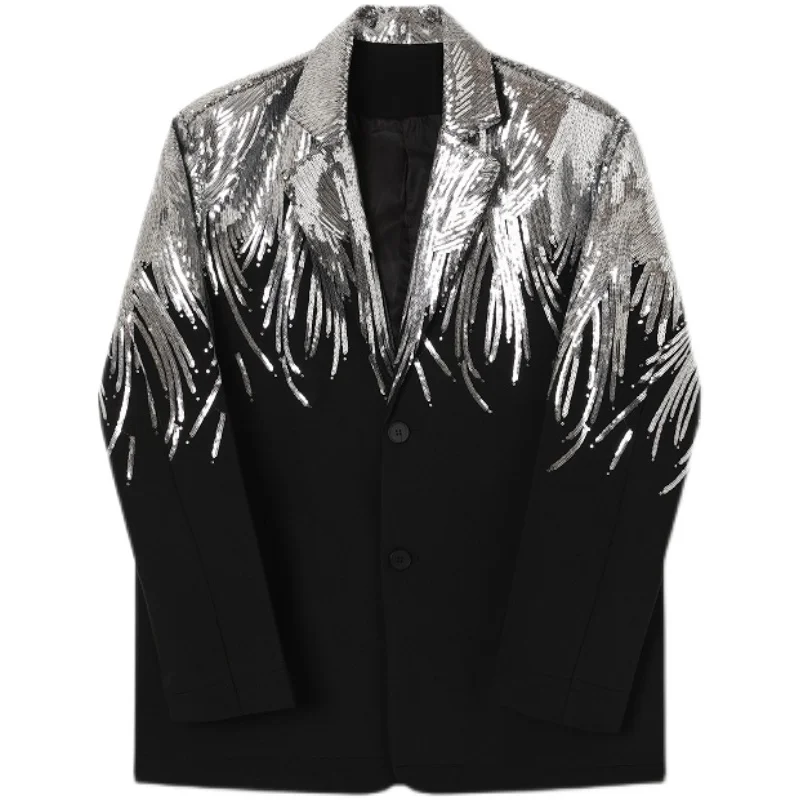 Oversize Loose Casual Blazers Men\'s Star Singer Concert Stage Silver Sequins Suit Coat Plus Size Performance Costume Jackets