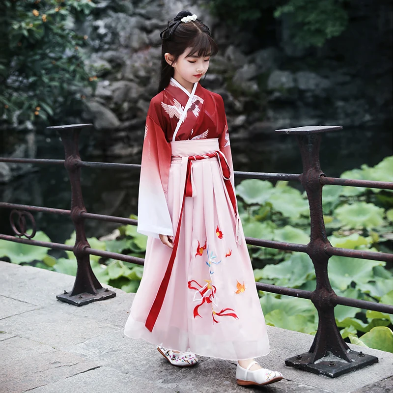 

H2493 Girls Chinese Hanfu Clothes Ancient Fairy China Children Dress Child Tang Dynasty Suit Traditional Minority Dance Costumes