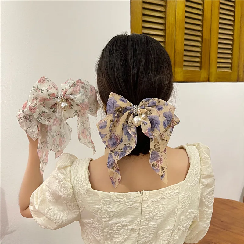 New Ribbon Chiffon Bowknot Hairclip Floral Pearls Big Hair Accesories