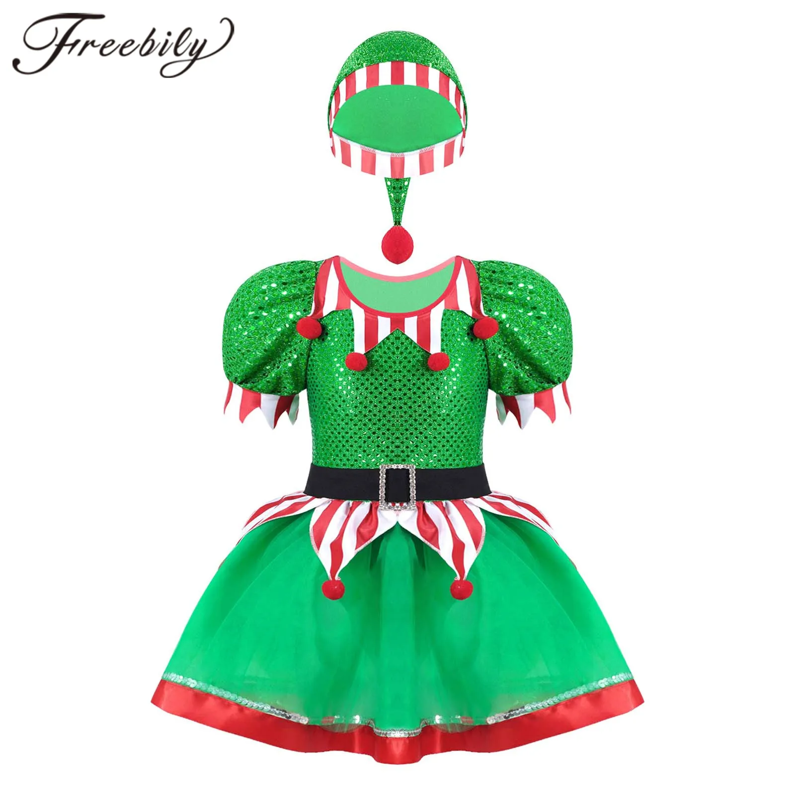 Kids Girls Christmas Costume Carnival Mardi Gras Elf Cosplay Costumes Outfit Glitter Tutu Party Dress with Hat New Year Clothes