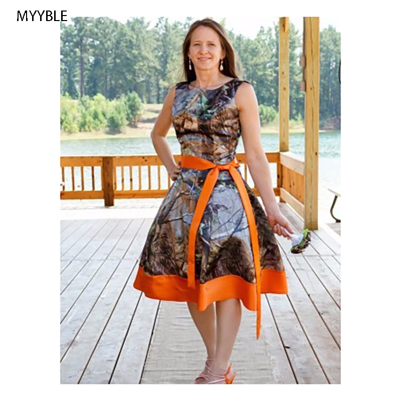 MYYBLE Custom Made Knee Length Camo Bridesmaid Dresses Camouflage Wedding Party Gowns 2016 Orange Satin Special Occasion Dress