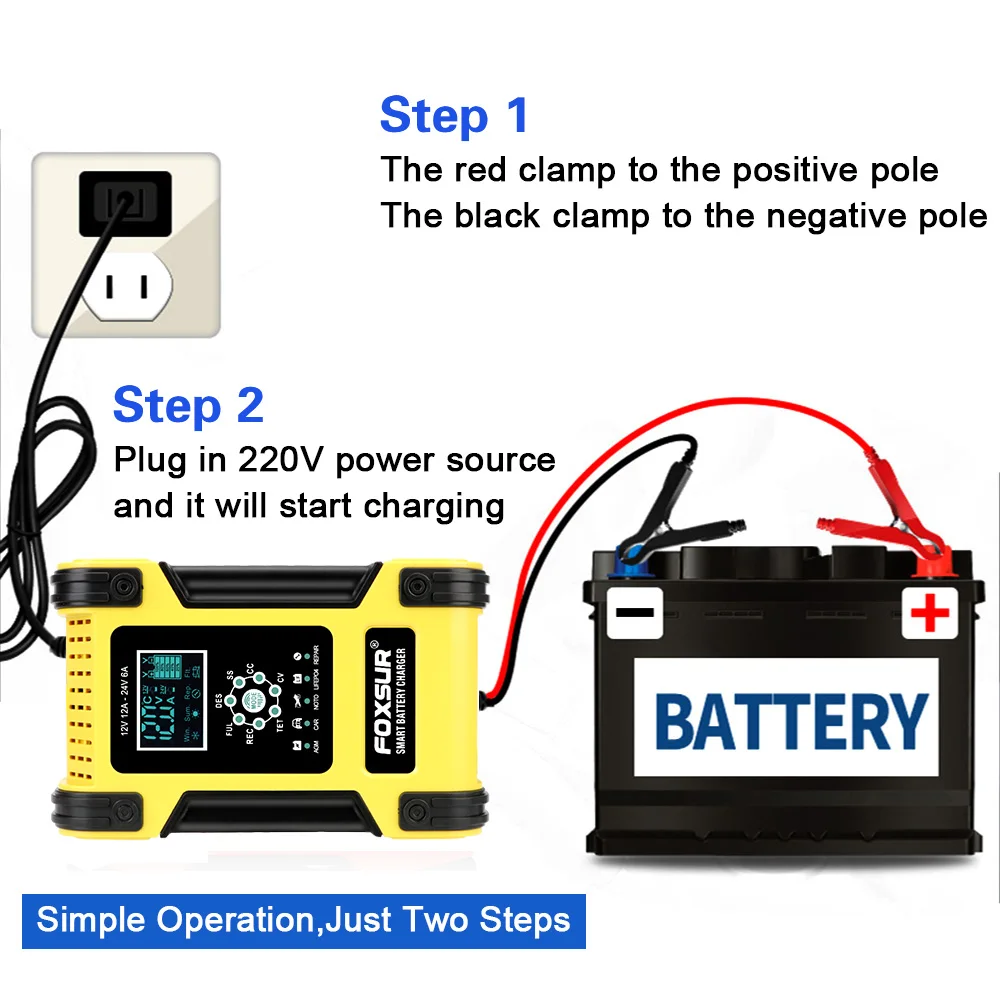 Motorcycle Car Battery Charger Digital LCD Display AGM Lead-acid Battery Charger 24V/6A 7 Stage 12V/12A Lithium Iron Battery