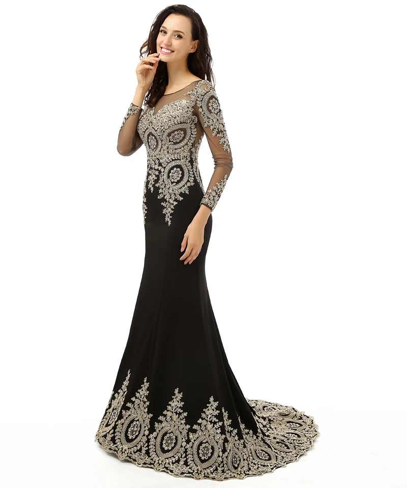 Black Long Sleeve Prom 2018 Shinny Beads Applique Mermaid vestido de festa longo Long Evening Gown mother of the bride dresses