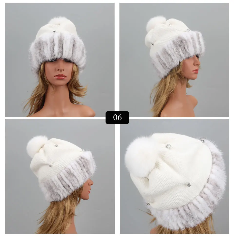 Mode Gestrickte Damen Echt Nerz Pelz Mützen Kappe Winter frauen hut Warme Natürliche Nerz Pelz Hüte Elastische Luxus Weibliche pelz Hut – Detail 7