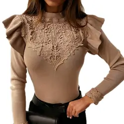 Solid Lace T-shirt Tops for Women Clothing 2024 Spring Summer Korean Sexy Basic Shirt Elegant Fashion Long Sleeve Tee Blusas