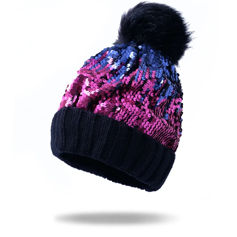 Cross-border new autumn and winter sequin knitted hat Ladies fur ball fashion thick winter hat Baotou sequined woolen cap