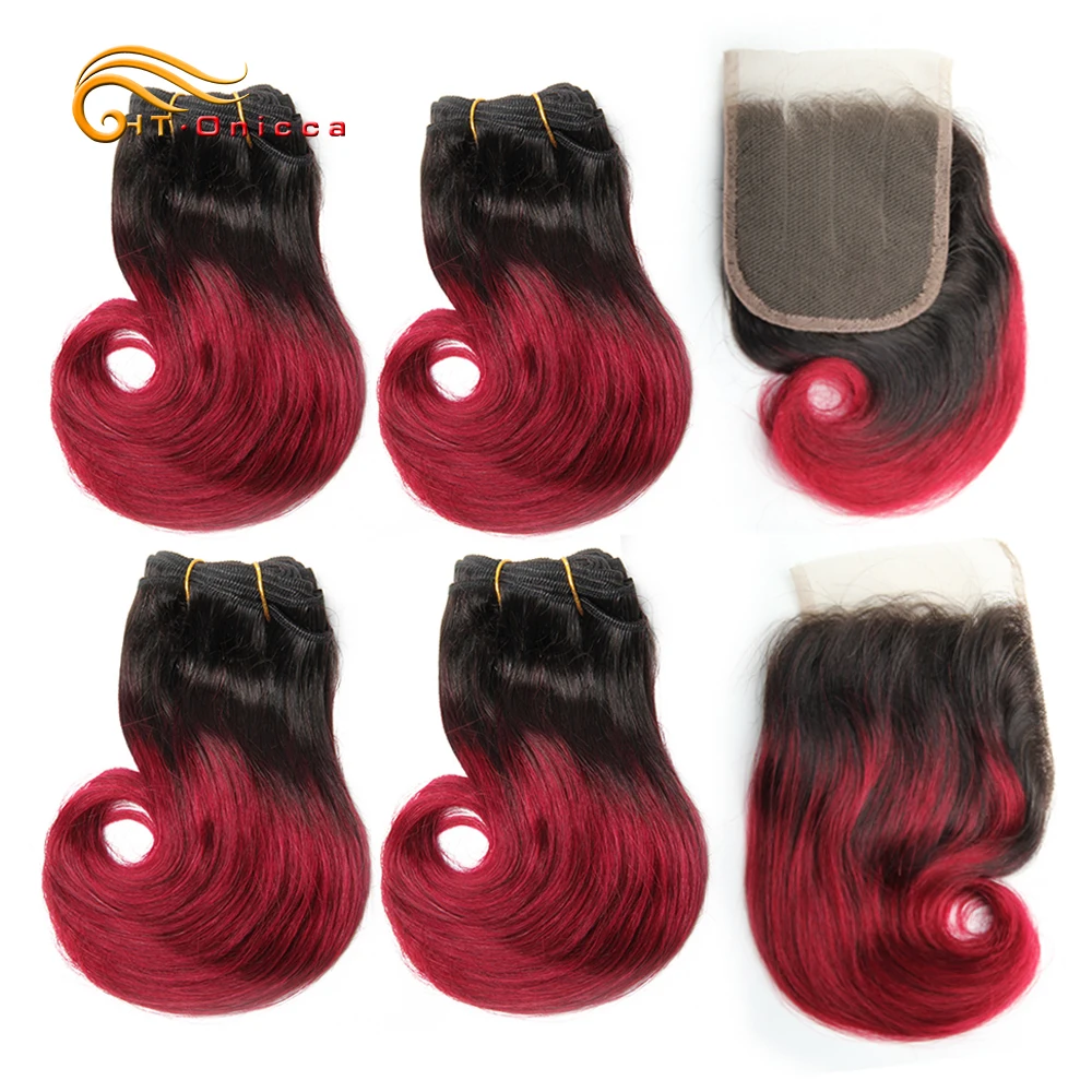 Mèches Indiennes Courtes et Bouclées 100% Naturelles, Cheveux Humains avec Closure, Ombré, 45g/Pièce, 4 Lots