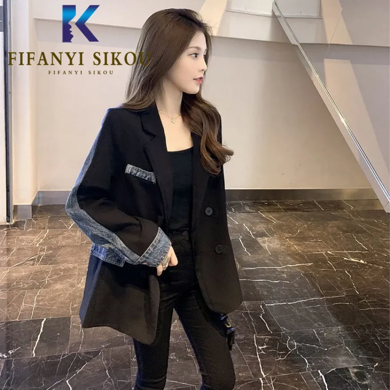 Denim Patchwork Black Blazer Jacket Women Double Breasted Fashion Spliced Suit Jacket Autumn Womens Loose Lapel Blazers Coat