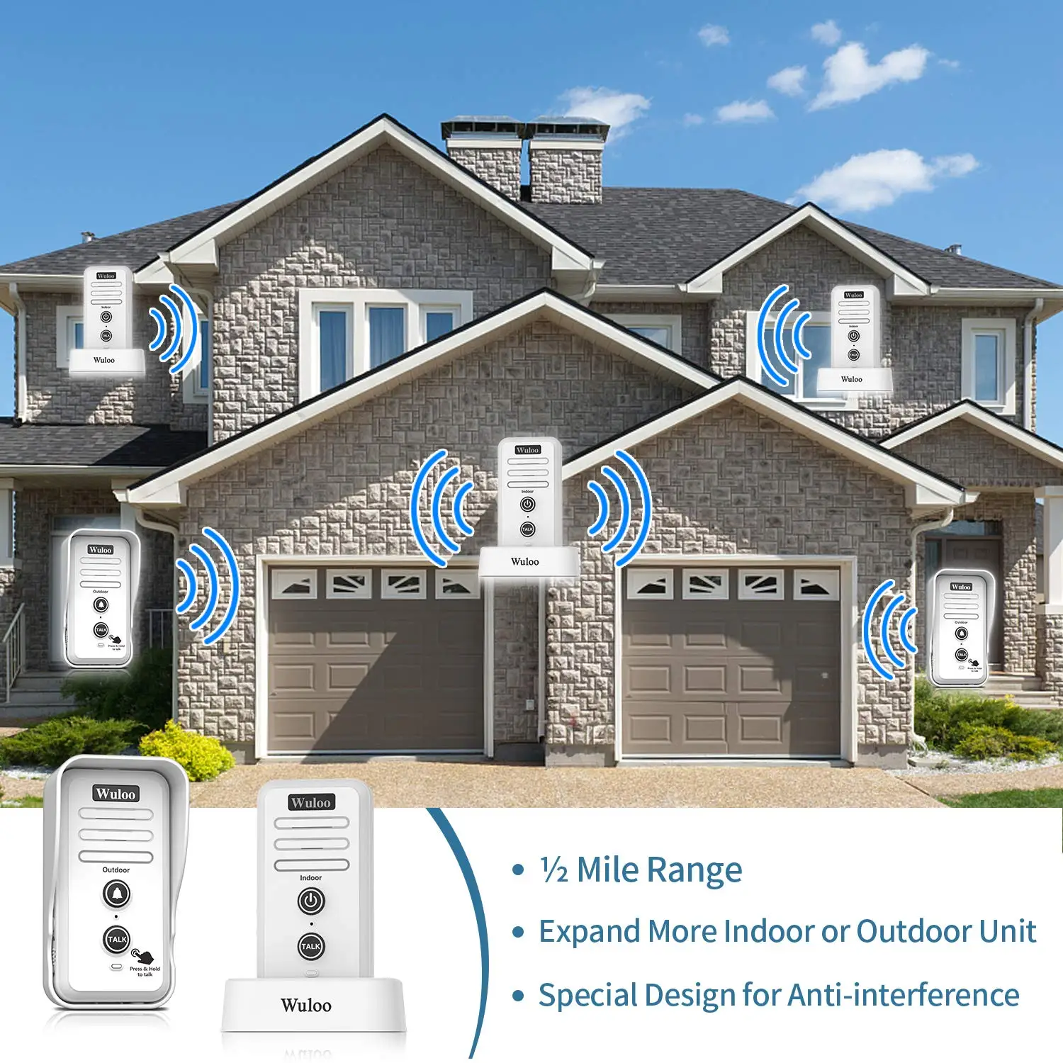 Wuloo 0.5Mile Range Wireless Doorbells Intercom System Adjust Volume Rechargeable Doorbell Receiver Waterproof Cap