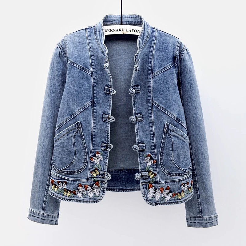 

Fashion Butterfly Embroidery Denim Jacket Women Slim Basic Outwear Chaquetas Mujer Stand Collar Short Jeans Jackets Coat Female