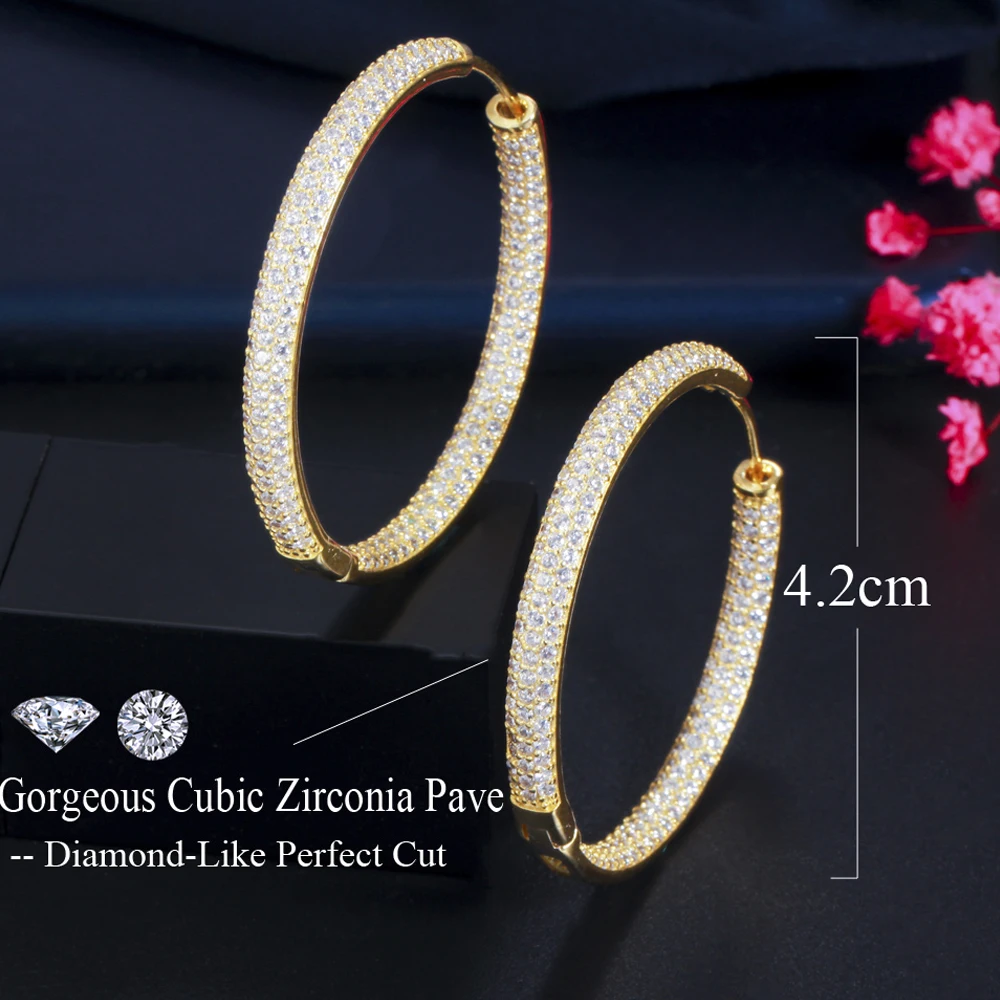 ThreeGraces Sparkling Cubic Zirconia Paved Big Round Circle Gold Color Hoop Earrings for Ladies Evening Party Jewelry Gift ER556