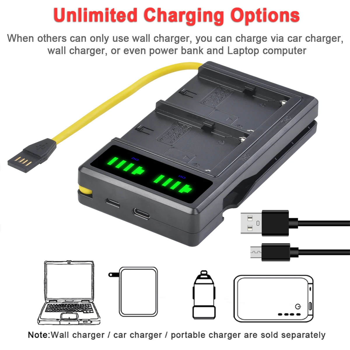 NP-F570 NP-F550 배터리 및 LCD 듀얼 USB 충전기, Yongnuo Viltrox 비디오 LED 조명, 2600mAh, NP F550 F570 F530 F330
