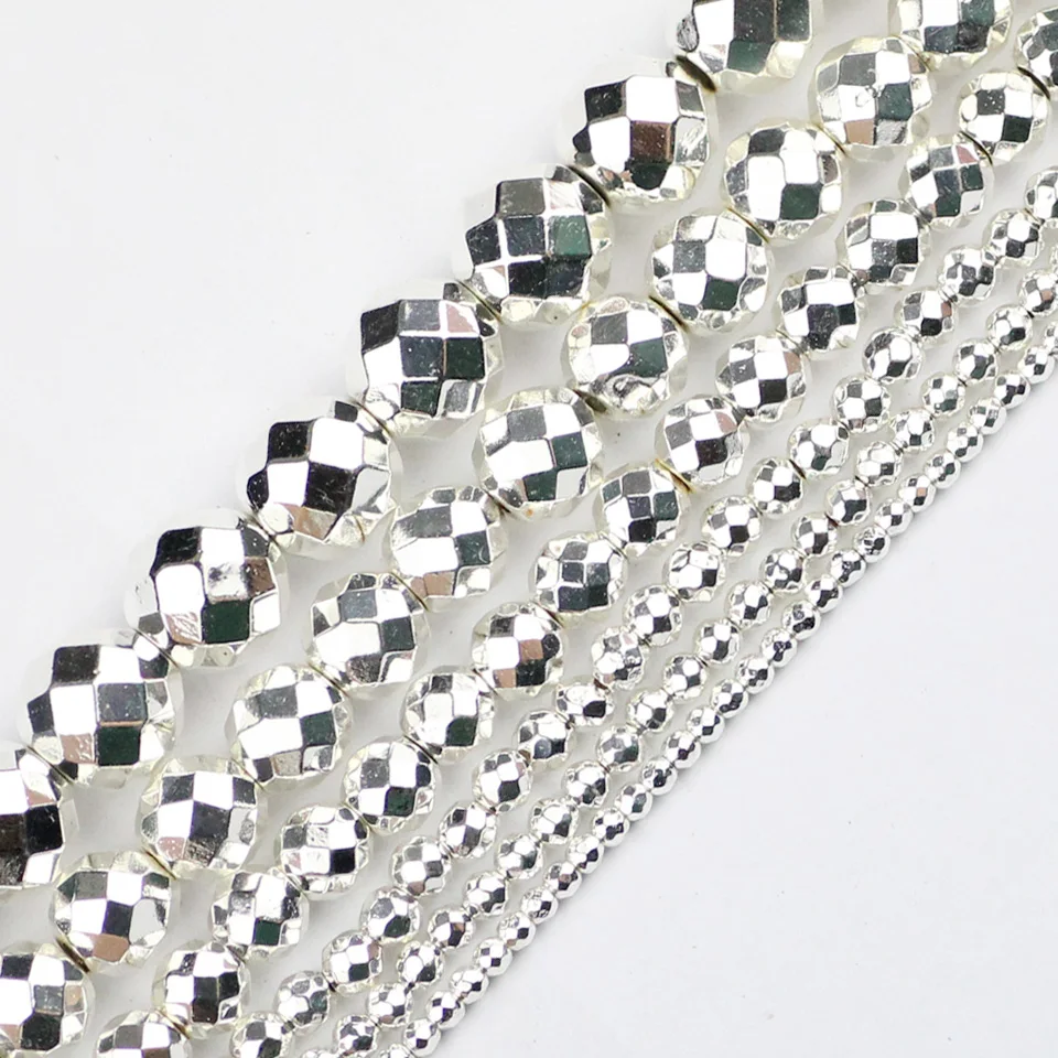 White Gold Color Faceted Hematite beads Natural Stone 2/3/4/6/8/10mm Round Loose beads Jewelry Making bracelets necklace DIY