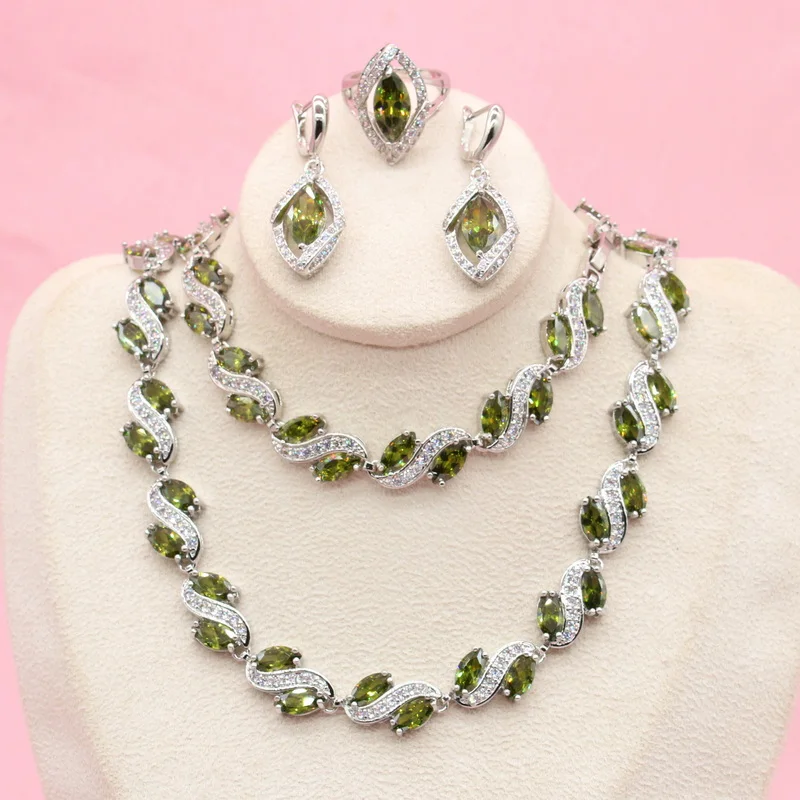 Luxury Green Peridot Wedding Necklace Sets Silver Color Jewelry for Women Earrings Ring Bracelet Gift Box