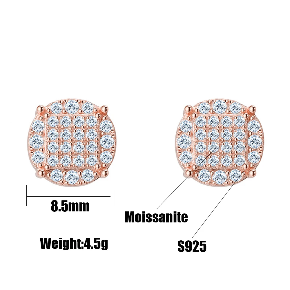 MM Moissanite Earrings VVS New Round S925 Silver Real Diamond Iced Out Ear Studs For Women Men High-End Jewelry Pass Tester