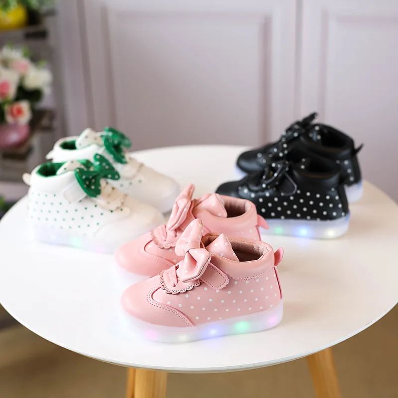 Fashion Dot Bow Lighted Toddler Slip-On Sneakers Baby Girl Light Shoe For LED 2019 New Kids Autumn Shoes 1 2 3 4 5 6 Year Old