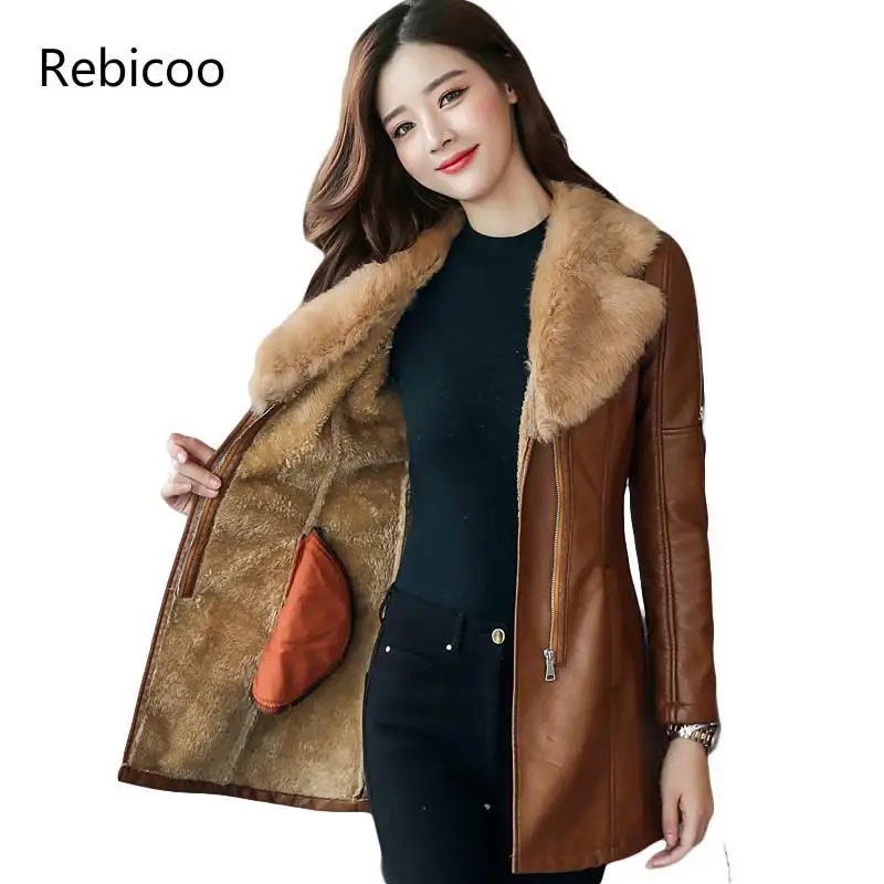 Medium Syle Fur collar Leather Coat thick  New Winter Warm Jacket Women PU Leather Coat Female Overcoat