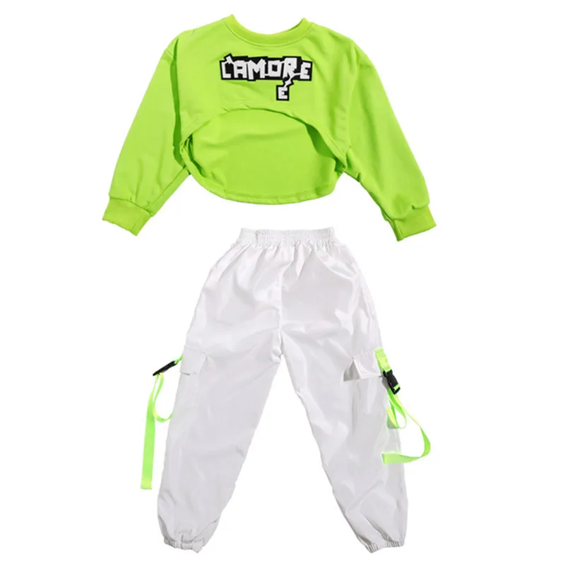 2022 Hip Hop Dance Clothing For Girls Green Top Hiphop Pants Festival Clothing Sports Suit Jazz Street Dance Wear Kids