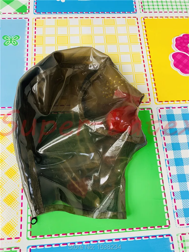 TRANSPARENT SCHWARZ LATEX MASKE MESH AUGEN MIT ROT ZÄHNE UND ROTE NASE ROHR