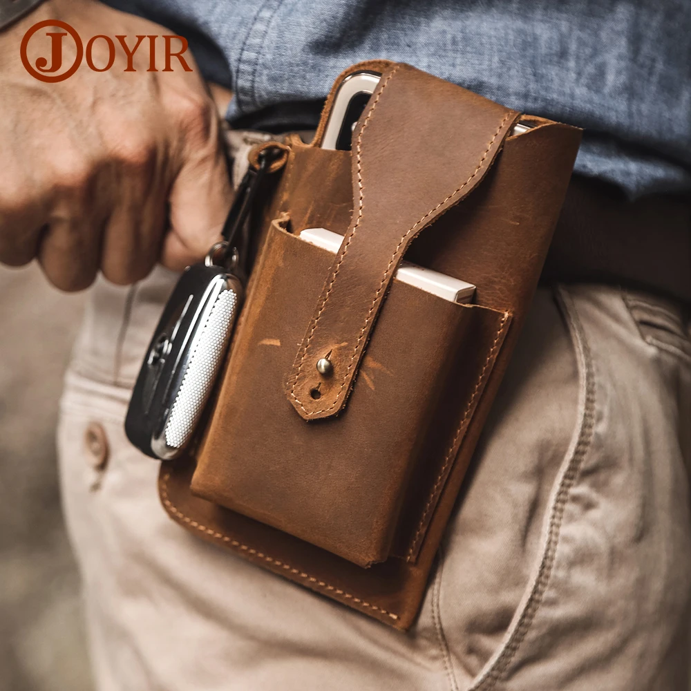 JOYIR Vintage Crazy Horse Leather Waist Pack for Men Multifunction Tool Sports Outdoor Cellphone Holster Belt Man Waist Bag