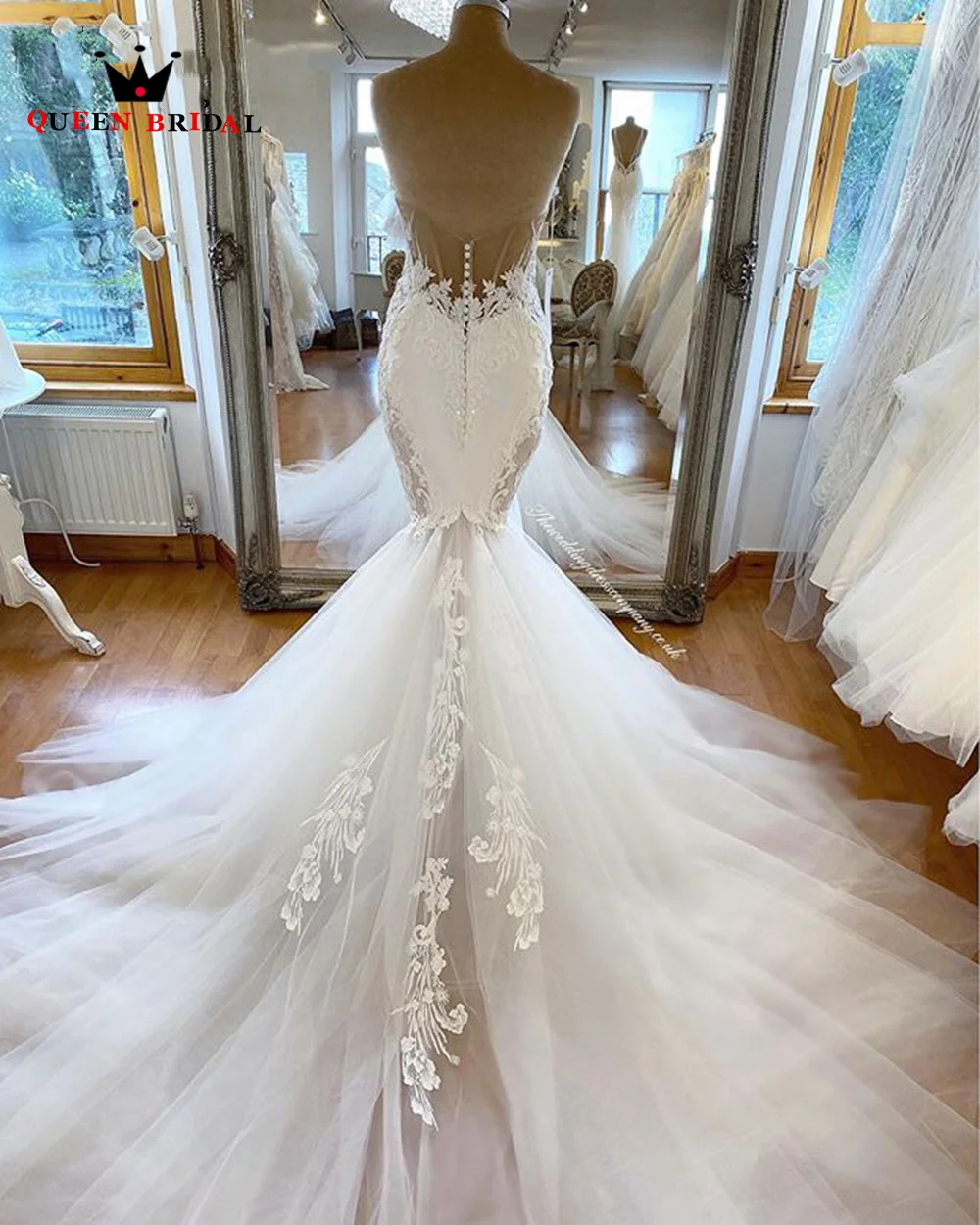 Robes de mariée sexy en dentelle sirène longue traîne Tulle Appliques perlée chérie sur mesure SH25