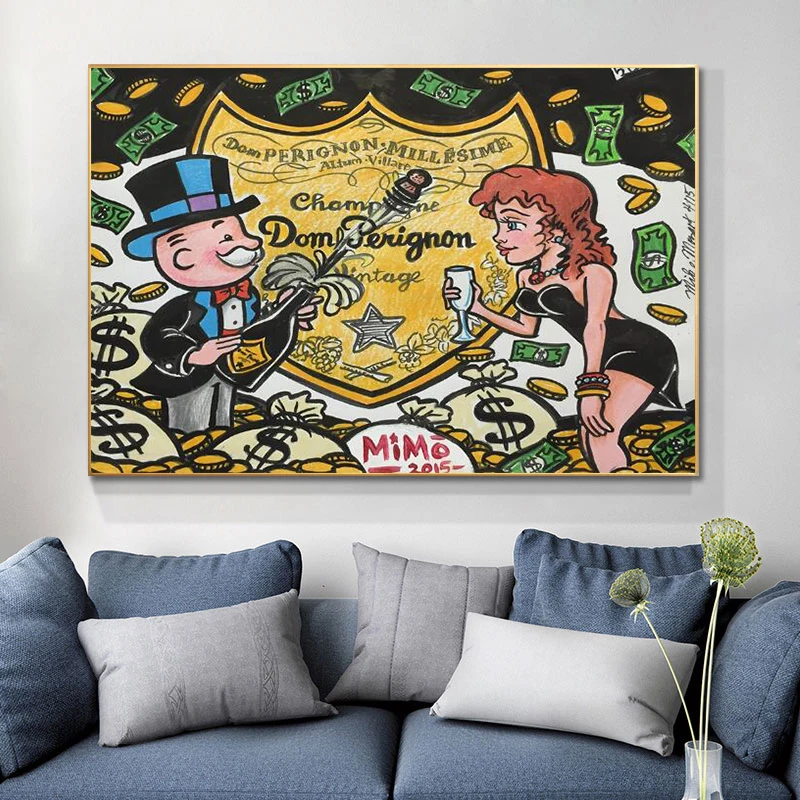 

Alec Monopolyingly Graffiti Art Champagne Money Poster Paintings on Canvas Modern Art Wall Pictures Home Decoration Cuadros