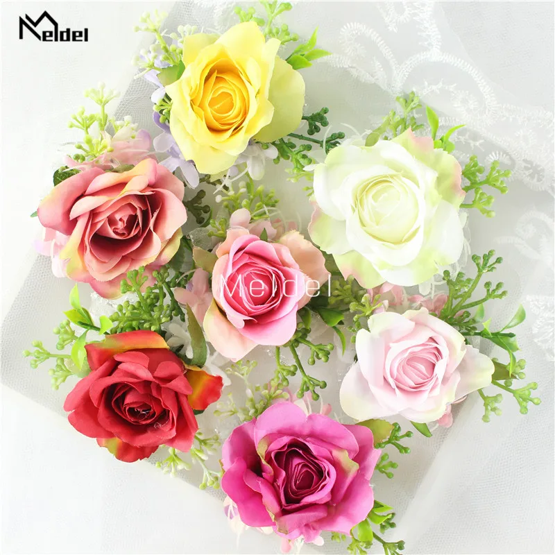 Buatan Rose Bunga Groom Boutonniere Pria Korsase Kancing Bridasmaids Gelang Bunga Pernikahan Pria Jas Pesta Dekorasi