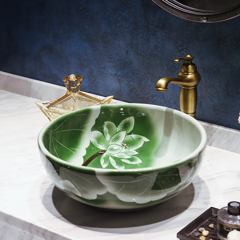 

Lotus pattern China Artistic Handmade Ceramic wash basin Lavobo Round Counter top wash basin