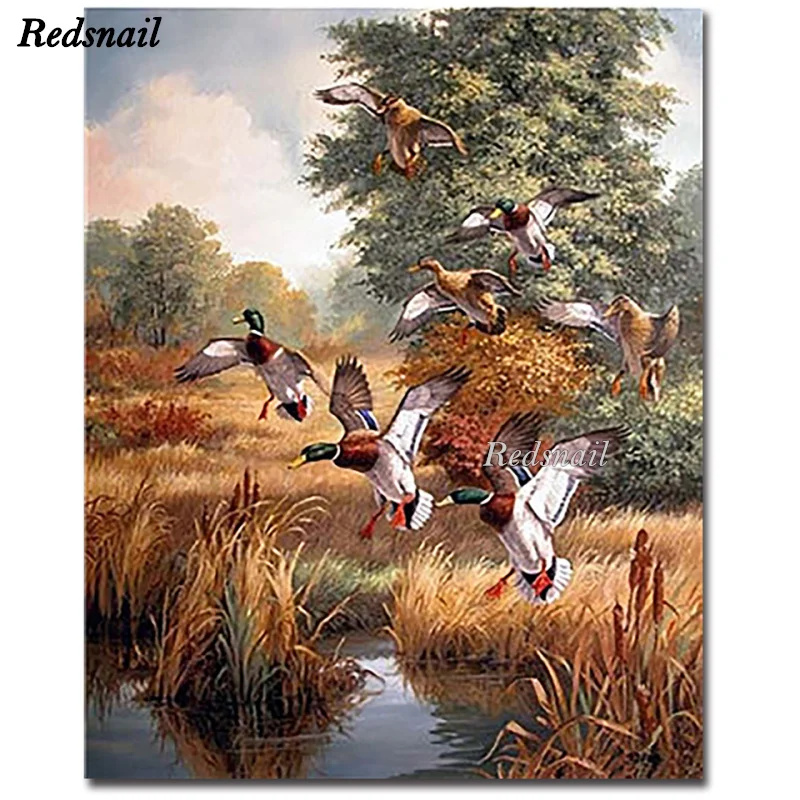 Mallard Ducks Wall Art DIY Diamond Painting Cross-Stitch 5D Full Mosaic Diamonds Embroidery Home Art Hunting Duck Scenery EE893