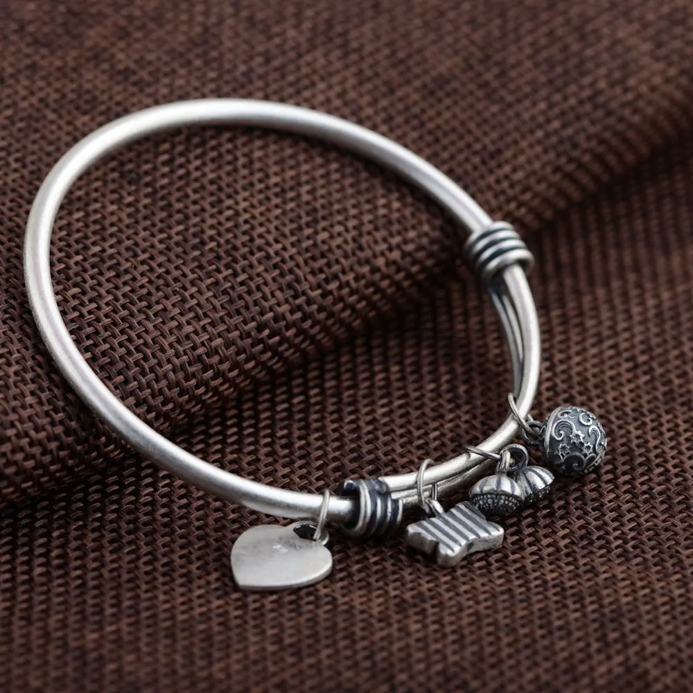 

FNJ 990 Silver Heart Charm Bangle for Women Jewelry 100% Original S990 Sterling silver Bangles