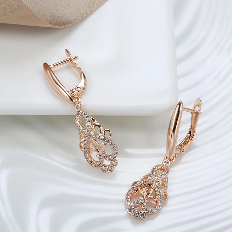 Kinel Hot Trend Crystal Flower Long Dangle Earrings for Women Natural Zircon 585 Rose Gold Color Ethnic Bride Fine Daily Jewelry