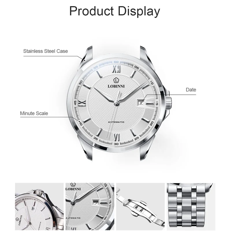 ロビニ-メンズ機械式時計,ビジネスドレス,自動日付,フルスチールスチール,発光ハンド,防水,新着
