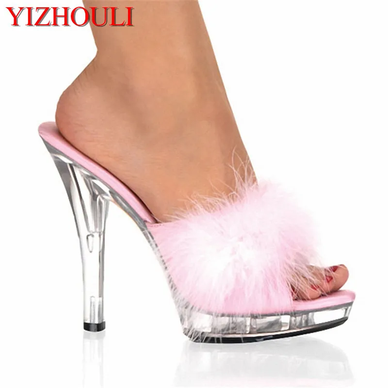 Model banquet 13cm high heel slippers, beautiful feathered uppers with crystal soles, sexy chunky nightclub runway sandals