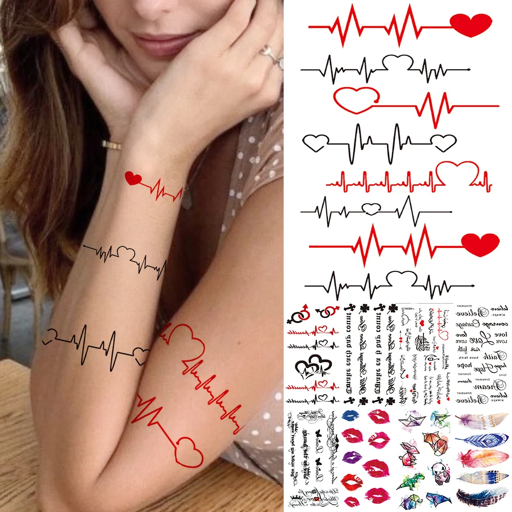 Love Heart ECG Temporary Fake tattoos For Girls Child Female Special Character Animal Letter Realistic Tattoo Stickers Tattos