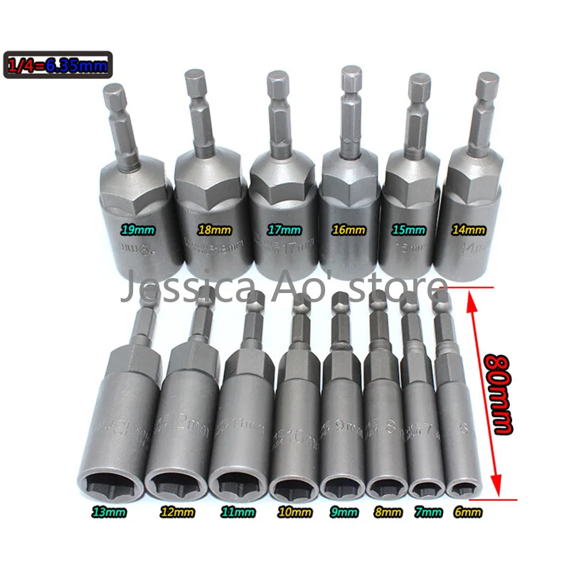 

14 шт Набор 6-19 мм 6,35 мм Шестигранная рукава сопла 80 мм 1/4 "воздуха шестигранный гаечный ключ с электрической насадки для отвертки