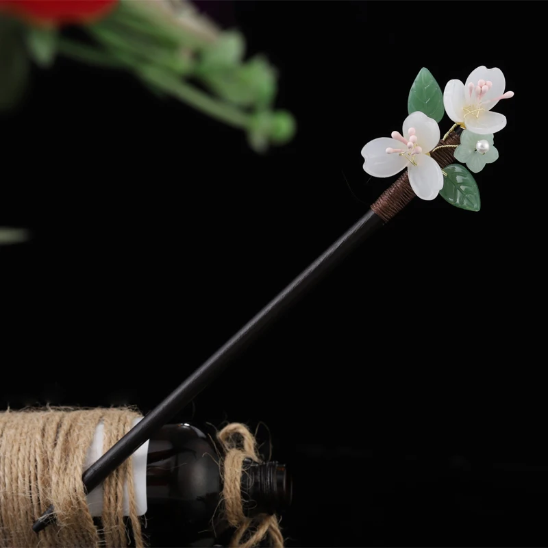 Muylinda Handmade Jade Flower Wood Hair Sticks Accessories Chinese Style Women Banquet Wedding Hairpins Jewelry