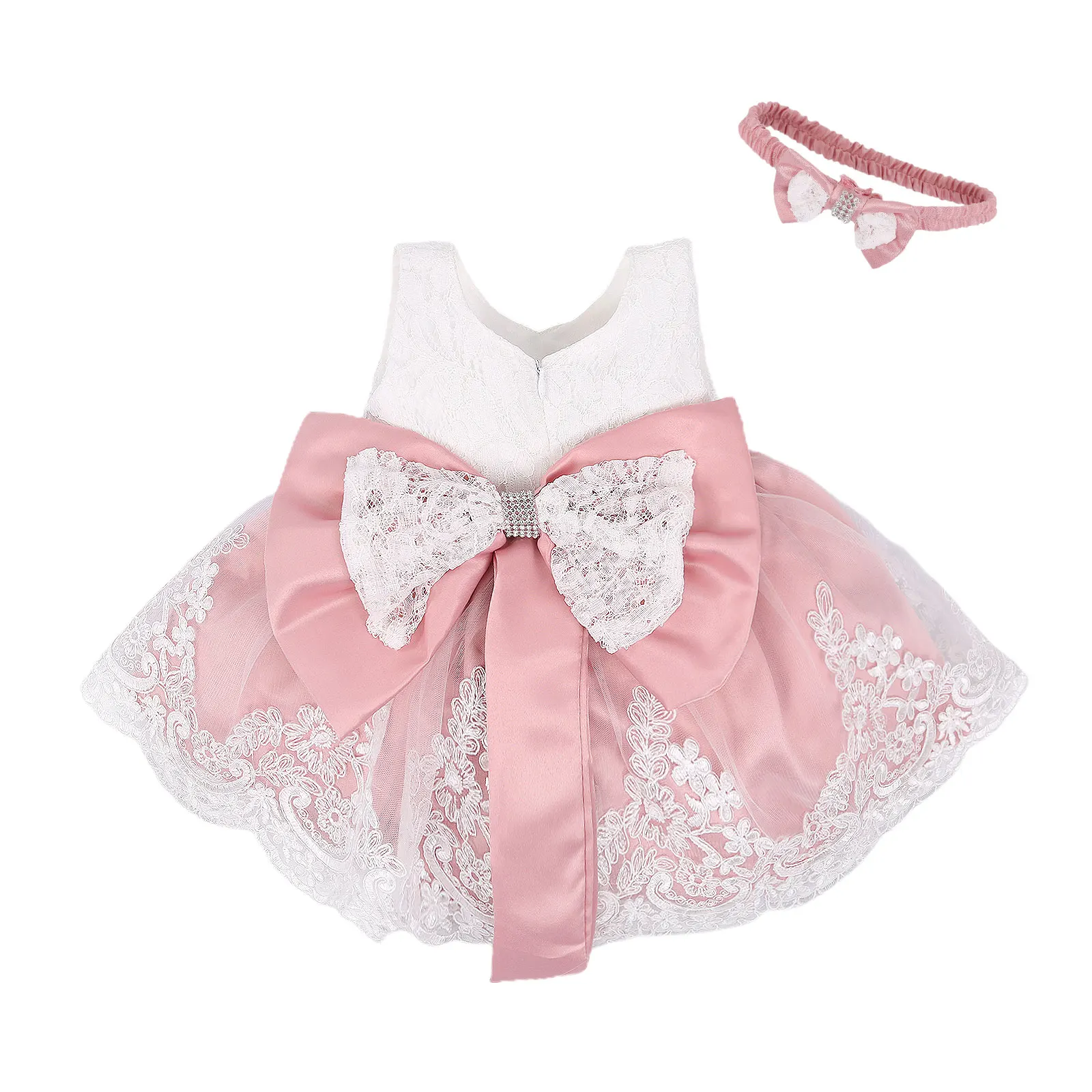 Baby Summer Clothing New Baby Princess Girls Dress Christening Lace Wedding Party Kids Formal Clothes+ Headband 0-24M